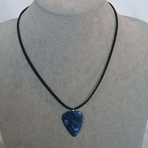 Blue marble guitar pick black suede necklace